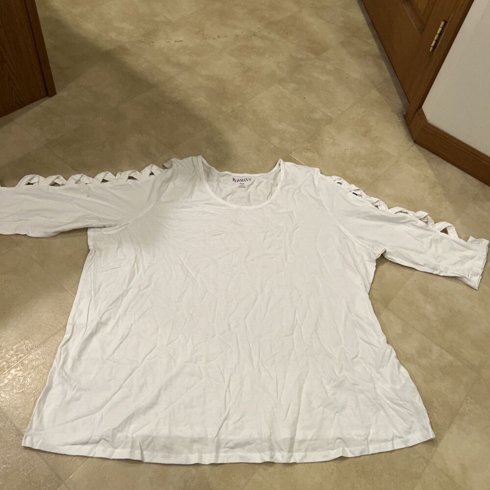 NEW Roamans Sz 2X 26/28 White Tunic Top Lattice 3/4 LeftCasual Shirt